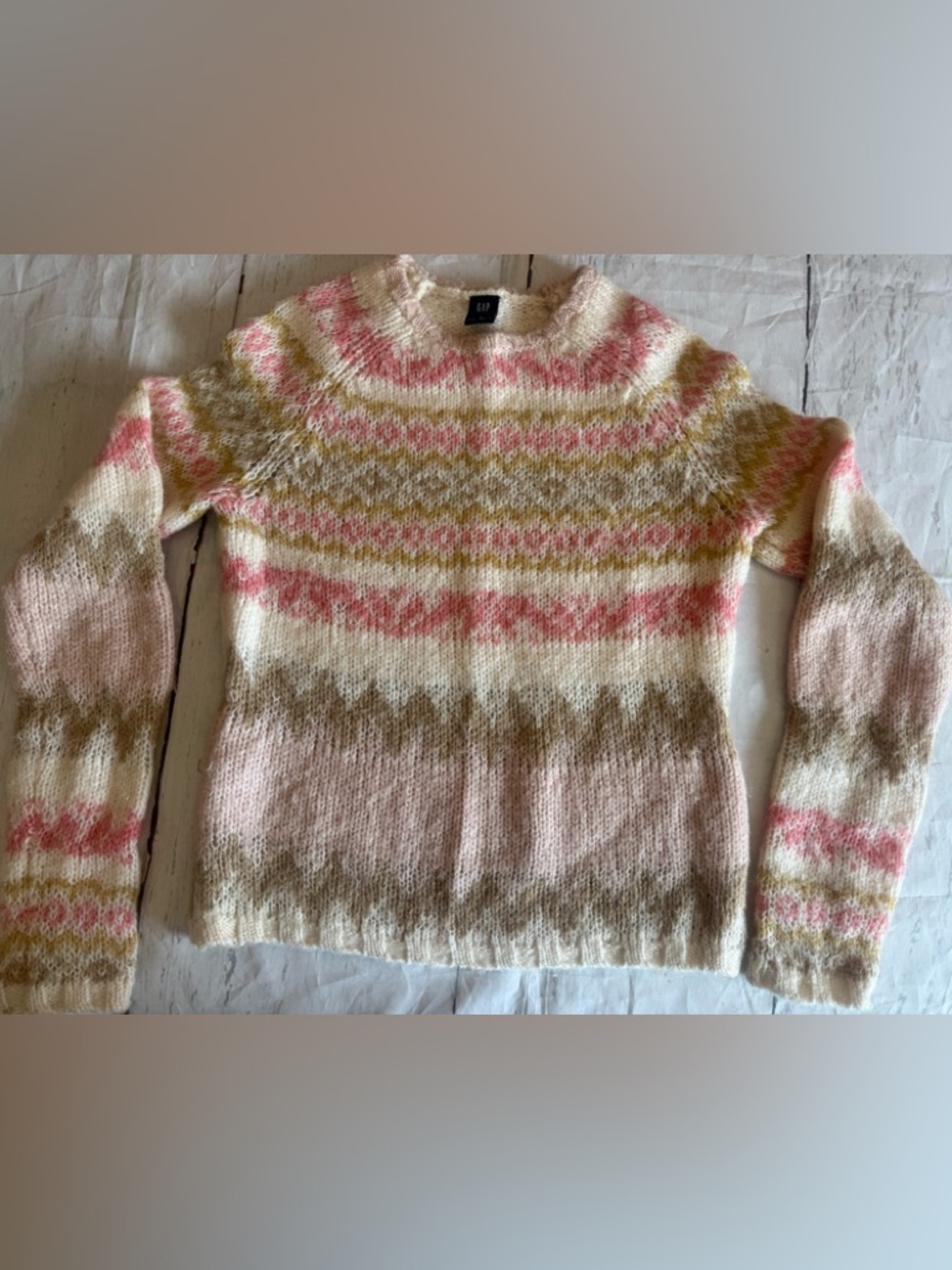 Vintage Women Gap Wool Blend Pullover Sweater Medium Cream Pink Gold Geometric